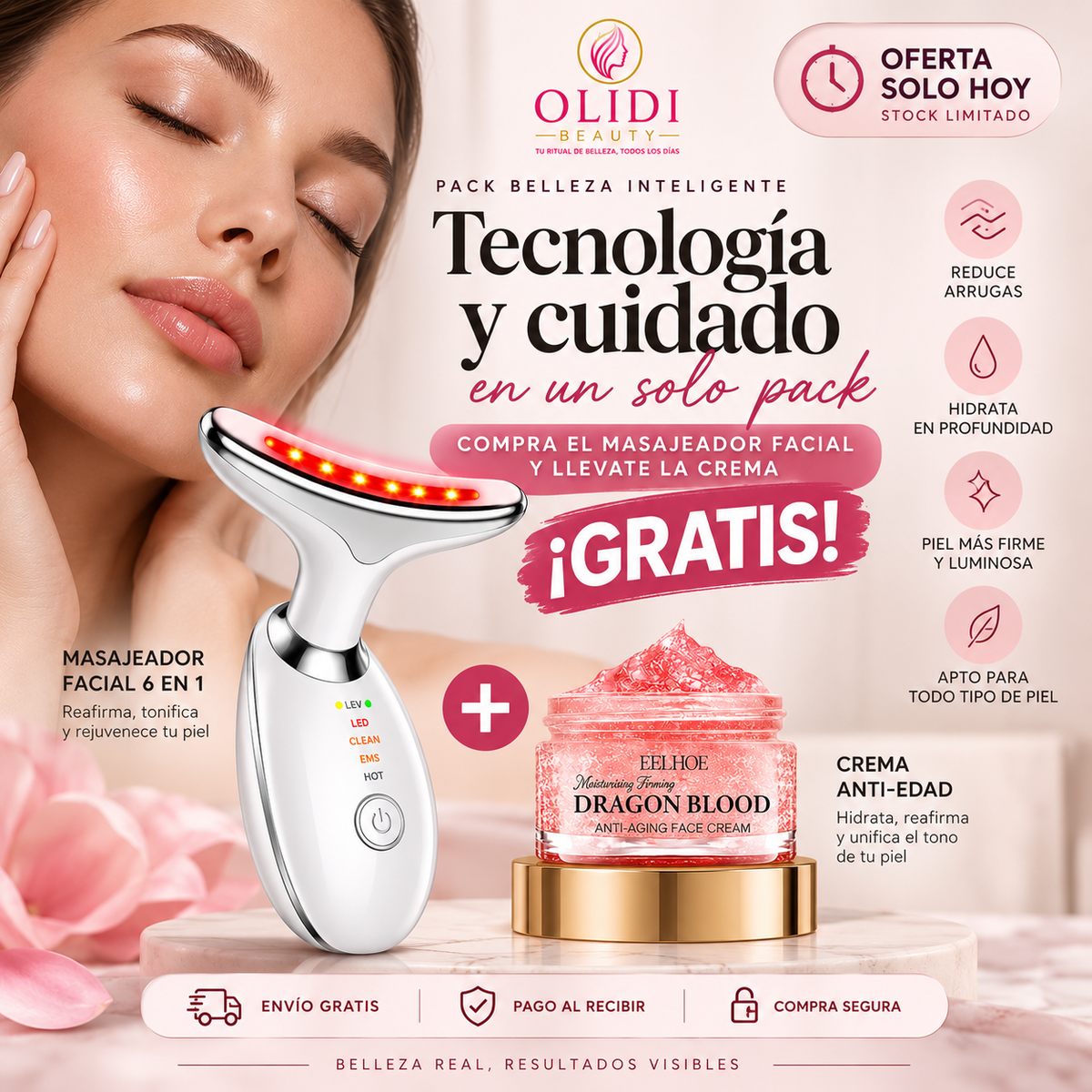 🎁 ¡OFERTA ESPECIAL! Masajeador Facial LED 3 en 1 | Reafirma Rostro y Cuello + Define el Contorno Y RECIBE GRATIS LA CREMA ANTI-EDAD DRAGON BLOOD 🔥