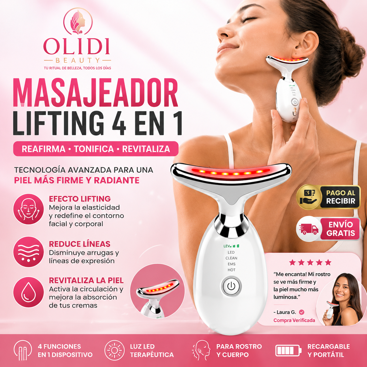✨ Masajeador Facial LED 3 en 1 | Reafirma Rostro y Cuello + Define el Contorno | 1 Unidad 🔥