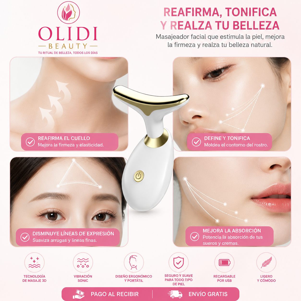 ✨ Masajeador Facial LED 3 en 1 | Reafirma Rostro y Cuello + Define el Contorno | 1 Unidad 🔥