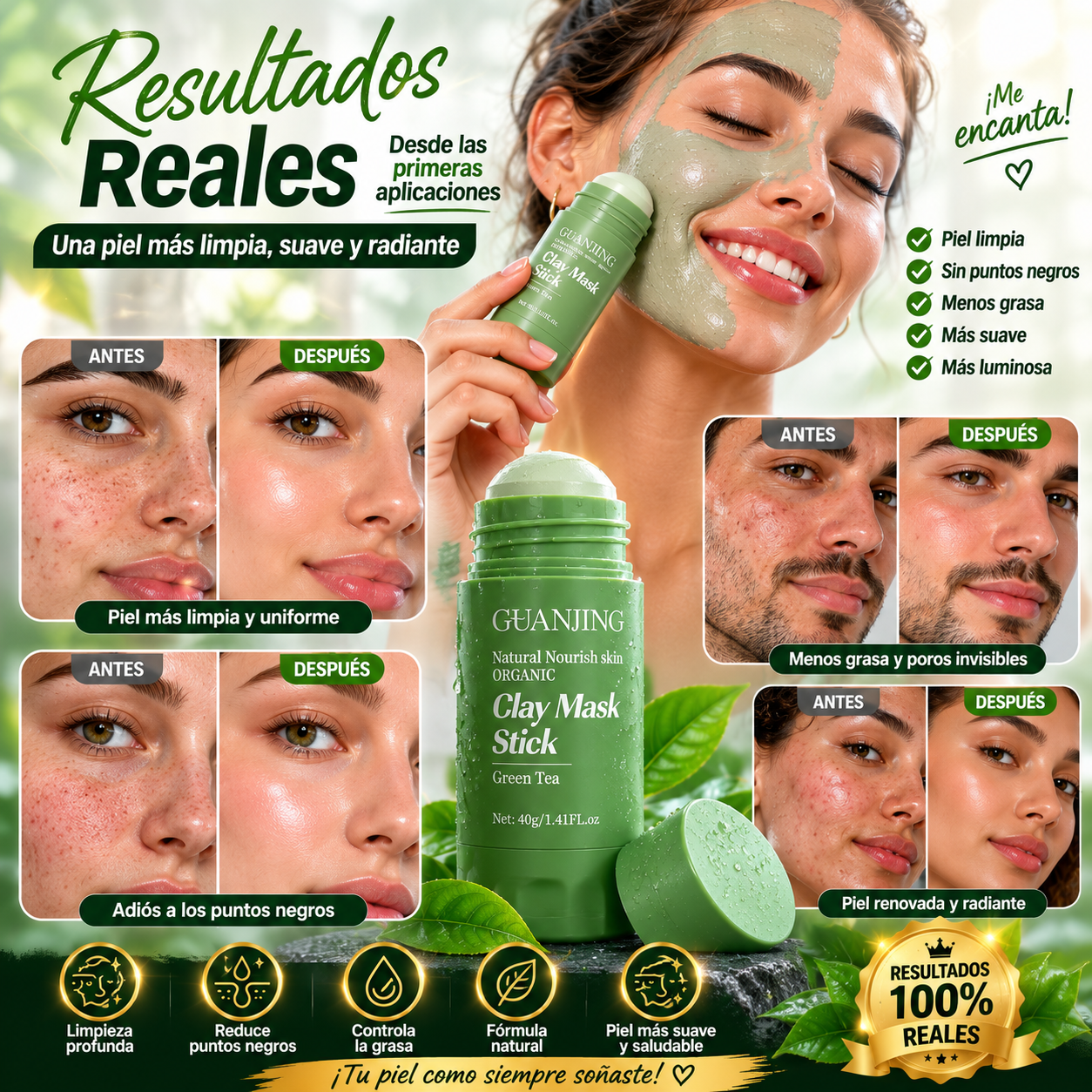 🌿🍃Mascarilla Facial de Té Verde en Stick 40 g | Limpieza Profunda 🔥