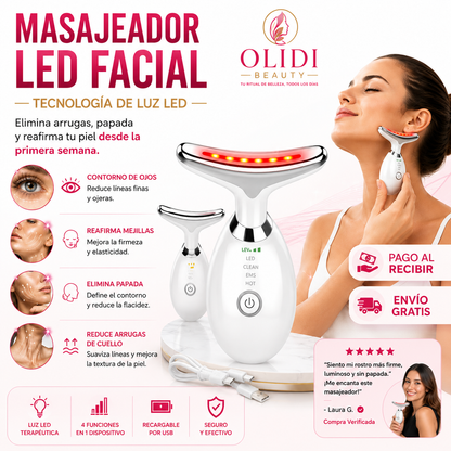 ✨ Masajeador Facial LED 3 en 1 | Reafirma Rostro y Cuello + Define el Contorno | 1 Unidad 🔥