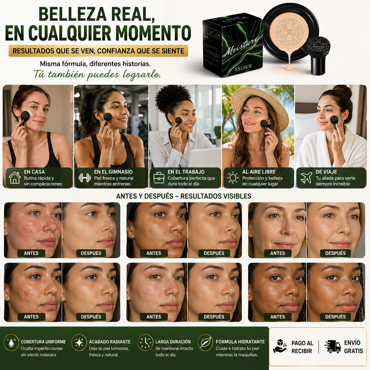 💄 Maquillaje Base Moisture Cushion Hidratante 15g | Cobertura Perfecta, Acabado Natural y Larga Duración 🔥