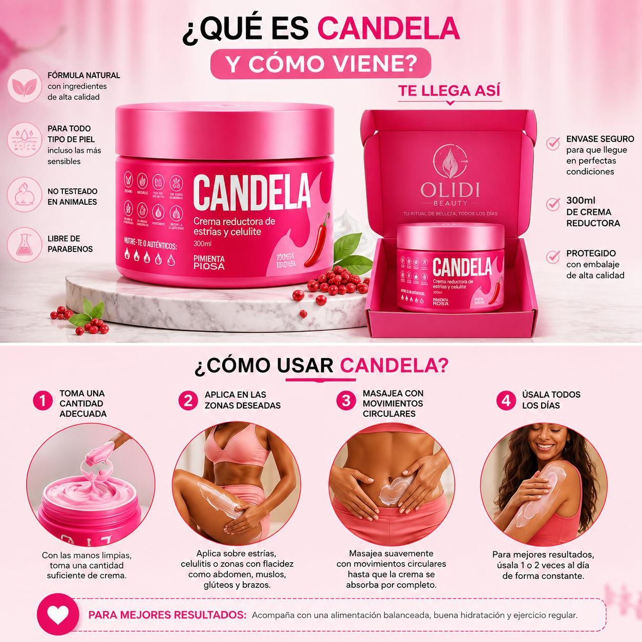 🌶️ CANDELA Crema Reductora Corporal 300 ml 🌸| Cuidado para Estrías, Celulitis y Firmeza 🔥