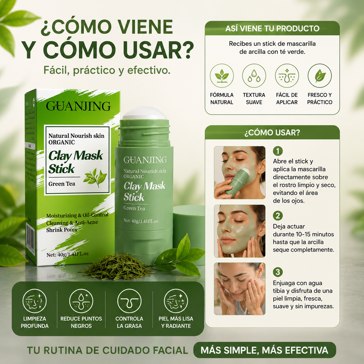 🌿🍃Mascarilla Facial de Té Verde en Stick 40 g | Limpieza Profunda 🔥