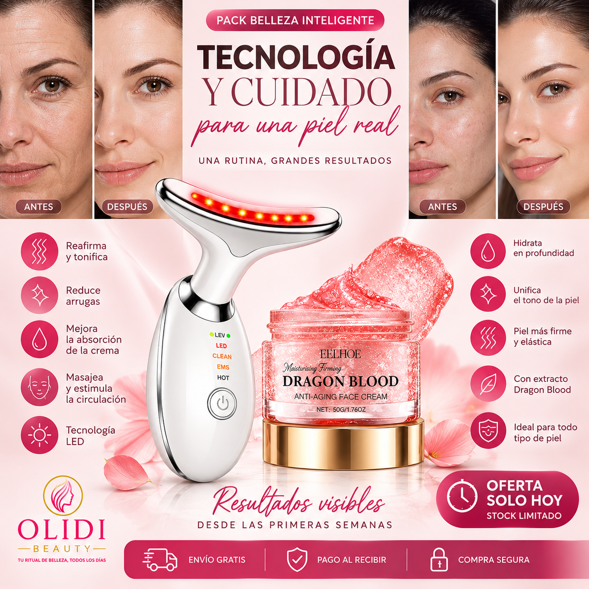 🎁 ¡OFERTA ESPECIAL!  Masajeador Facial LED 3 en 1 | Reafirma Rostro y Cuello + Define el Contorno Y RECIBE GRATIS LA CREMA ANTI-EDAD DRAGON BLOOD 🔥