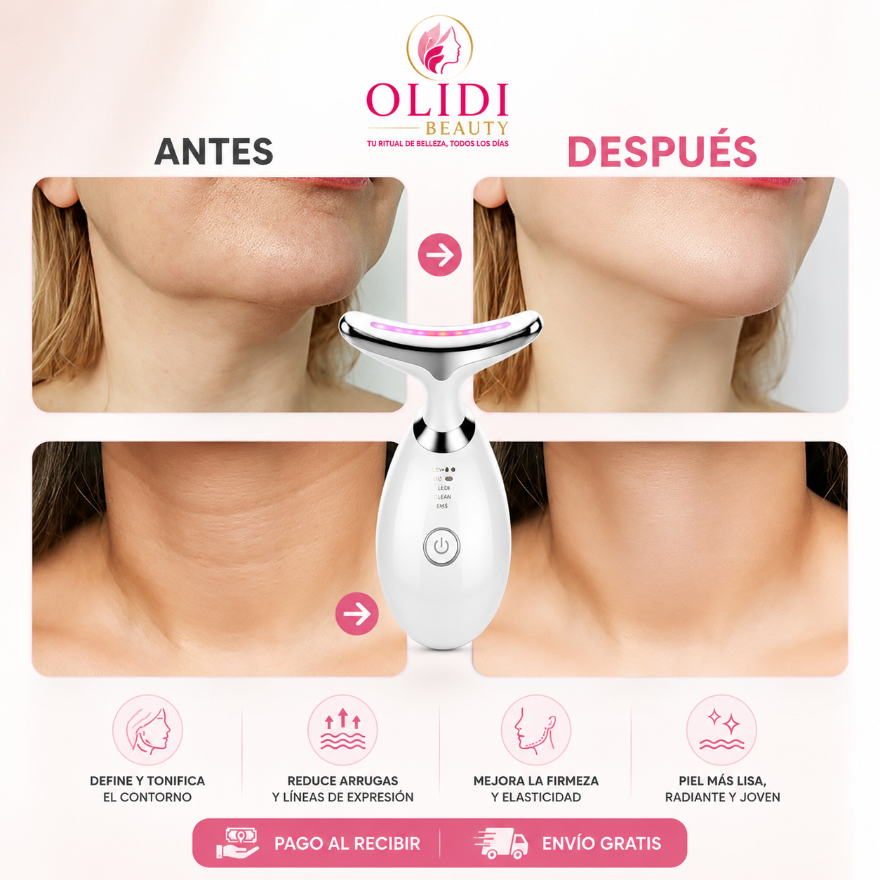 ✨ Masajeador Facial LED 3 en 1 | Reafirma Rostro y Cuello + Define el Contorno | 1 Unidad 🔥