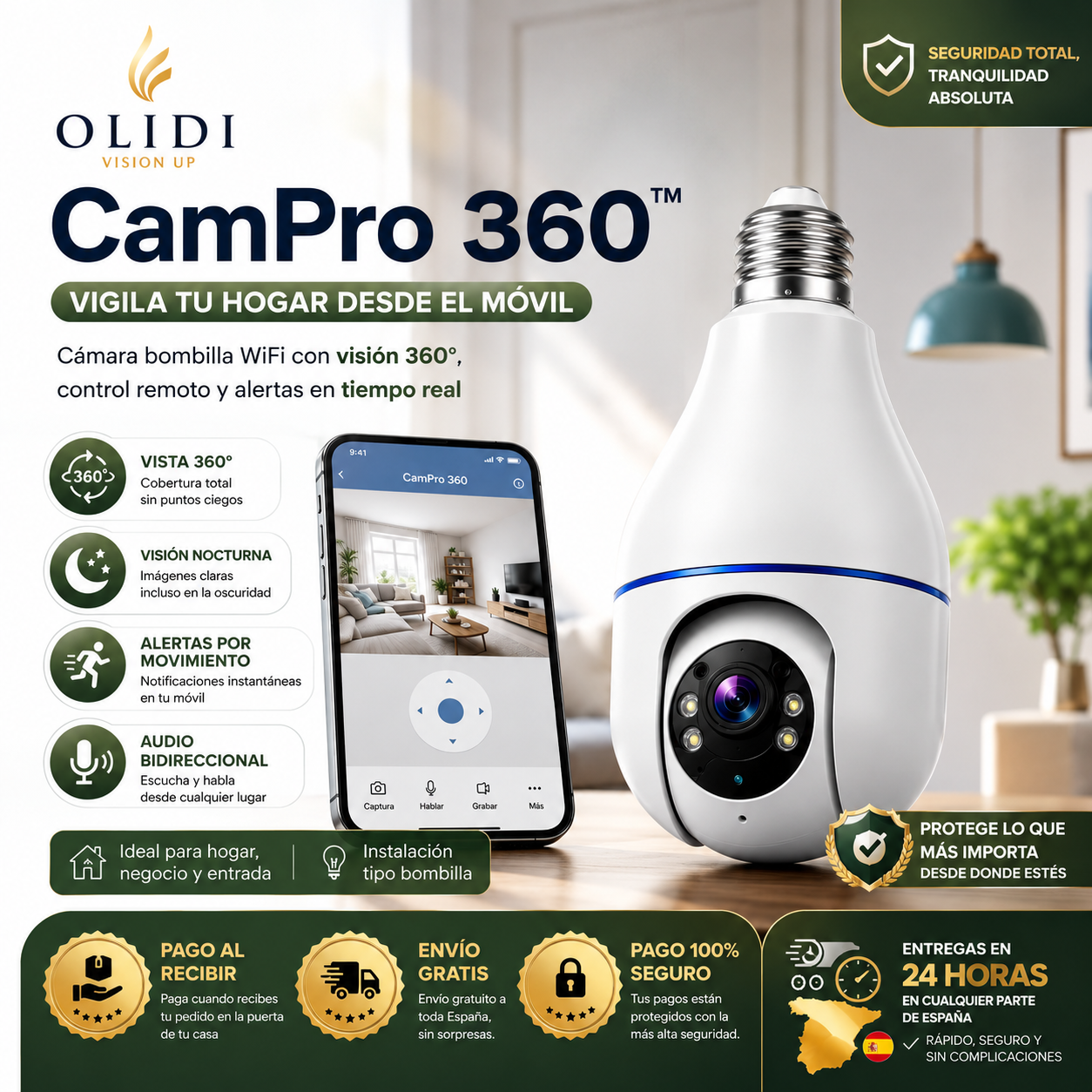 📹 CamPro 360™ – Cámara de Seguridad WiFi 360° Inteligente | 1 Unidad 🚀🔥