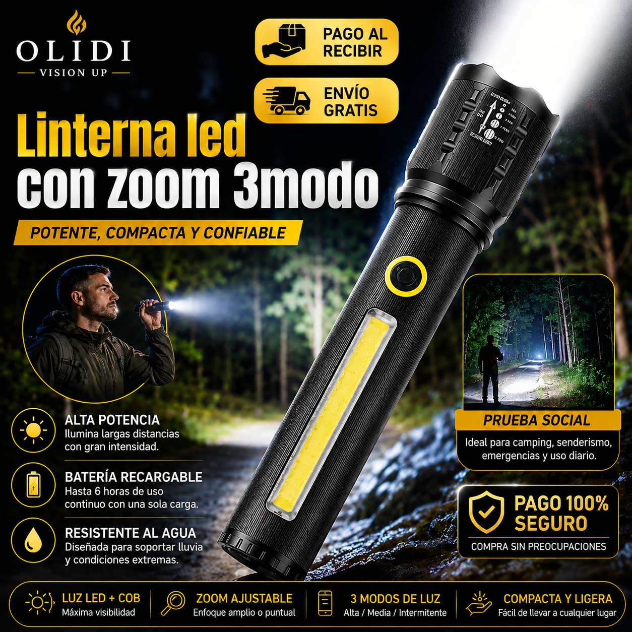 🔦 Linterna LED con Zoom 3 Modos Recargable | Luz Súper Potente 🔥